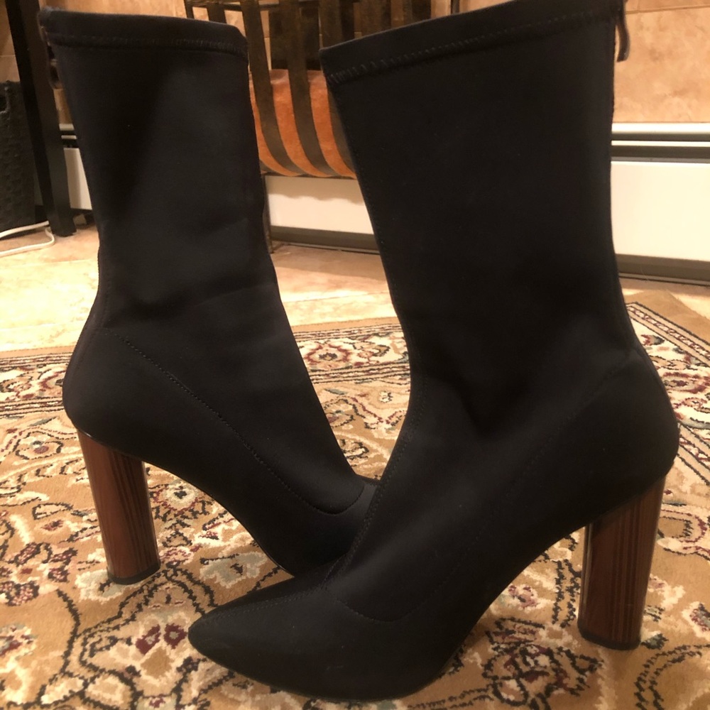 Black socks boots with chunky wooden heel